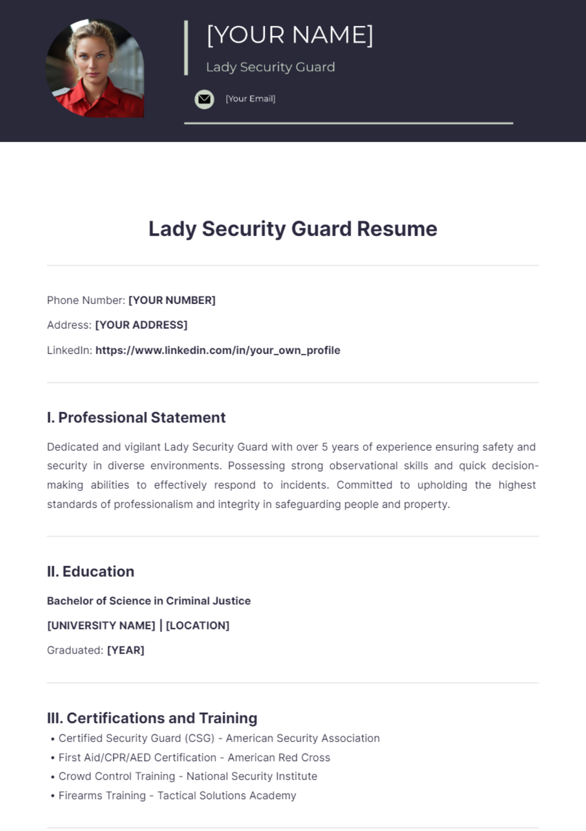 Lady Security Guard Resume - Edit Online & Download