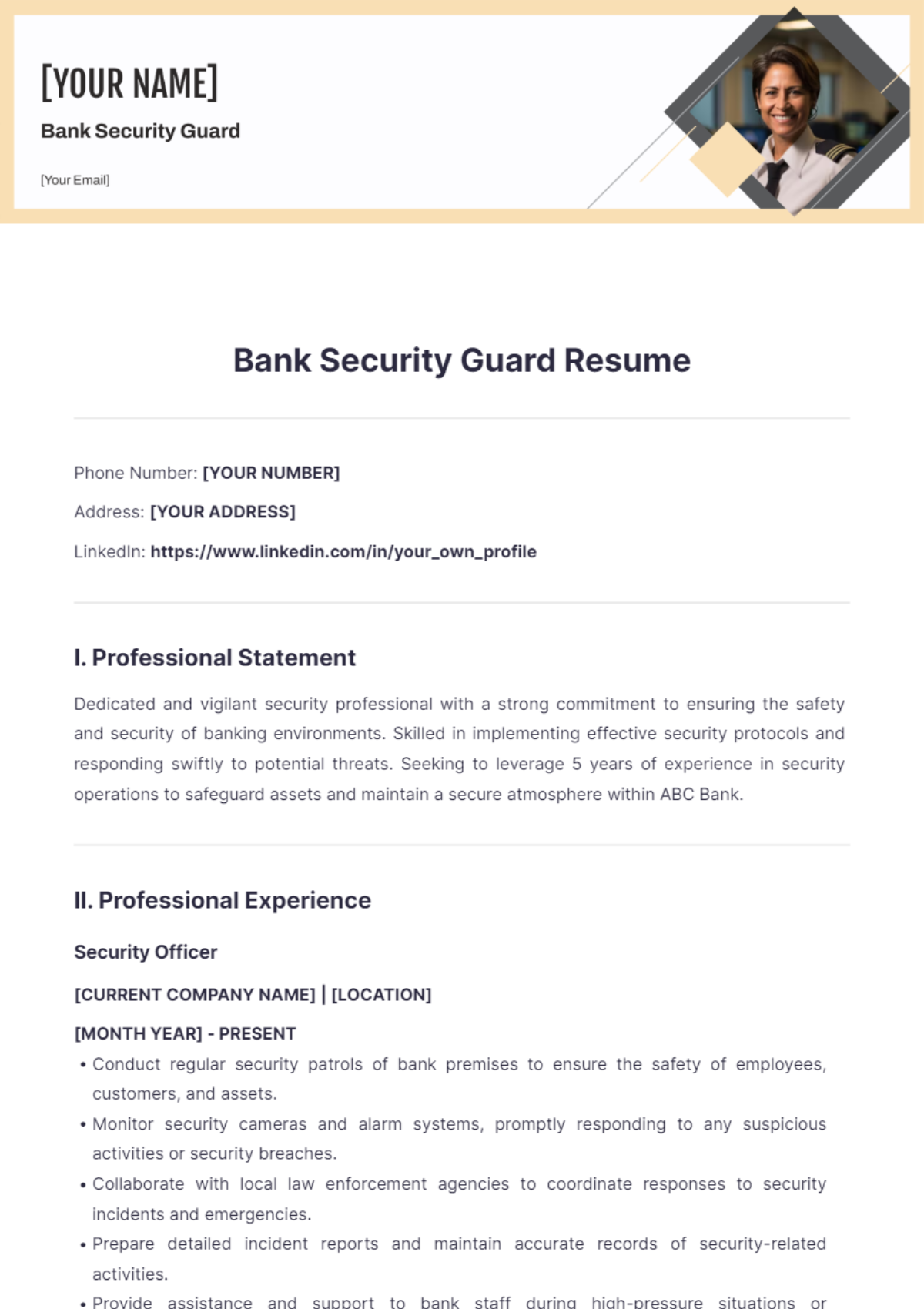 Bank Security Guard Resume - Edit Online & Download