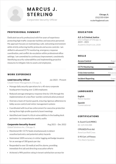 Free Office Security Guard ATS Resume Template, AI Resume Builder