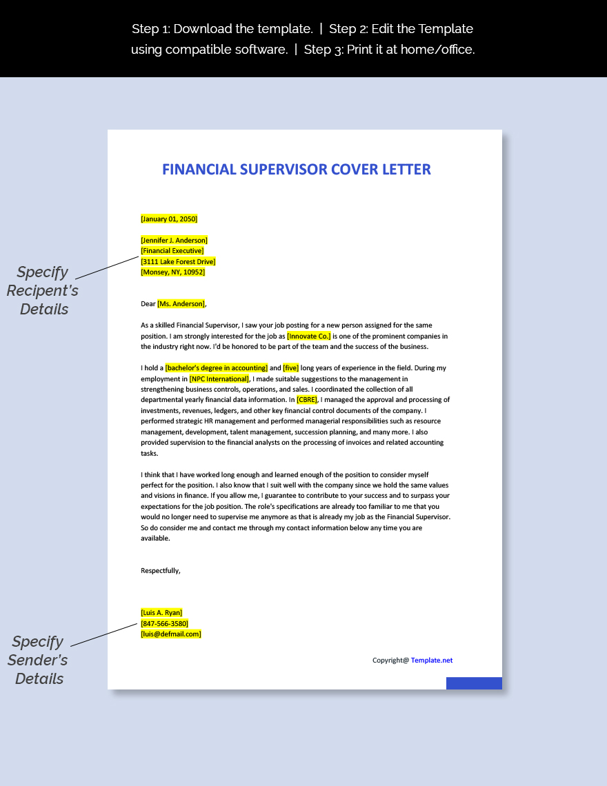 Financial Supervisor Cover Letter