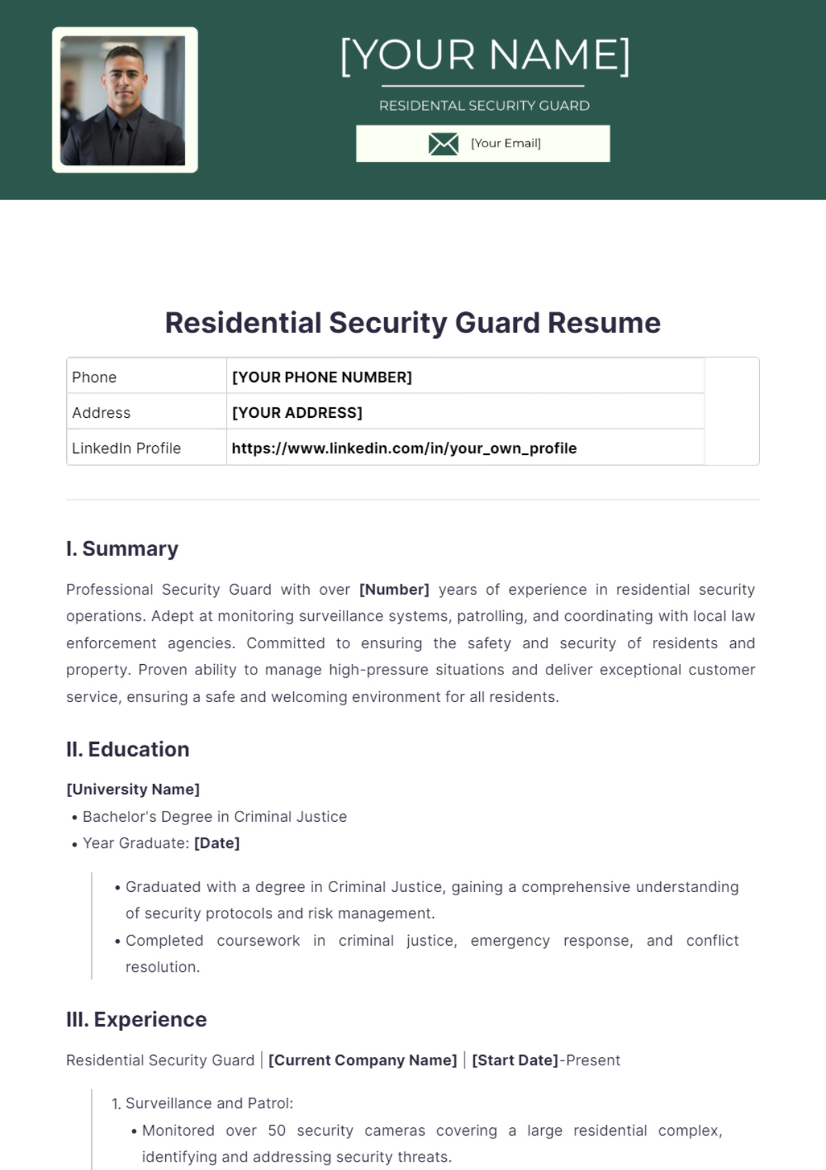 Residential Security Guard Resume - Edit Online & Download