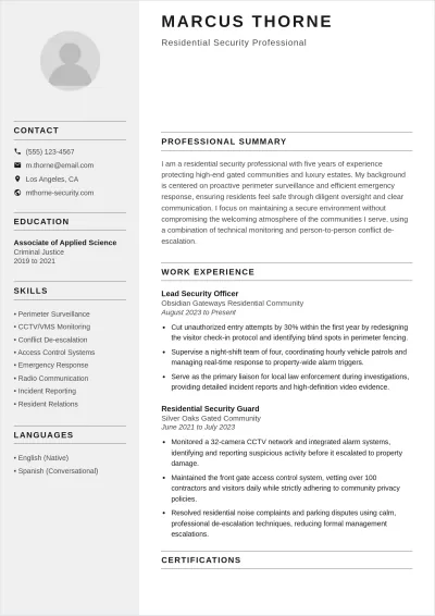 Free Residential Security Guard ATS Resume Template, AI Resume Builder