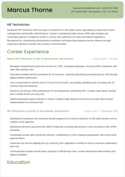 Free HR Technician ATS Resume Template, AI Resume Builder