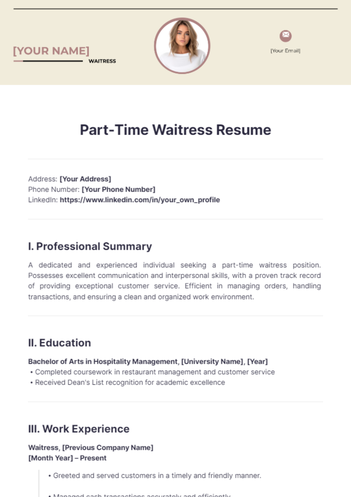 Part-Time Waitress Resume - Edit Online & Download