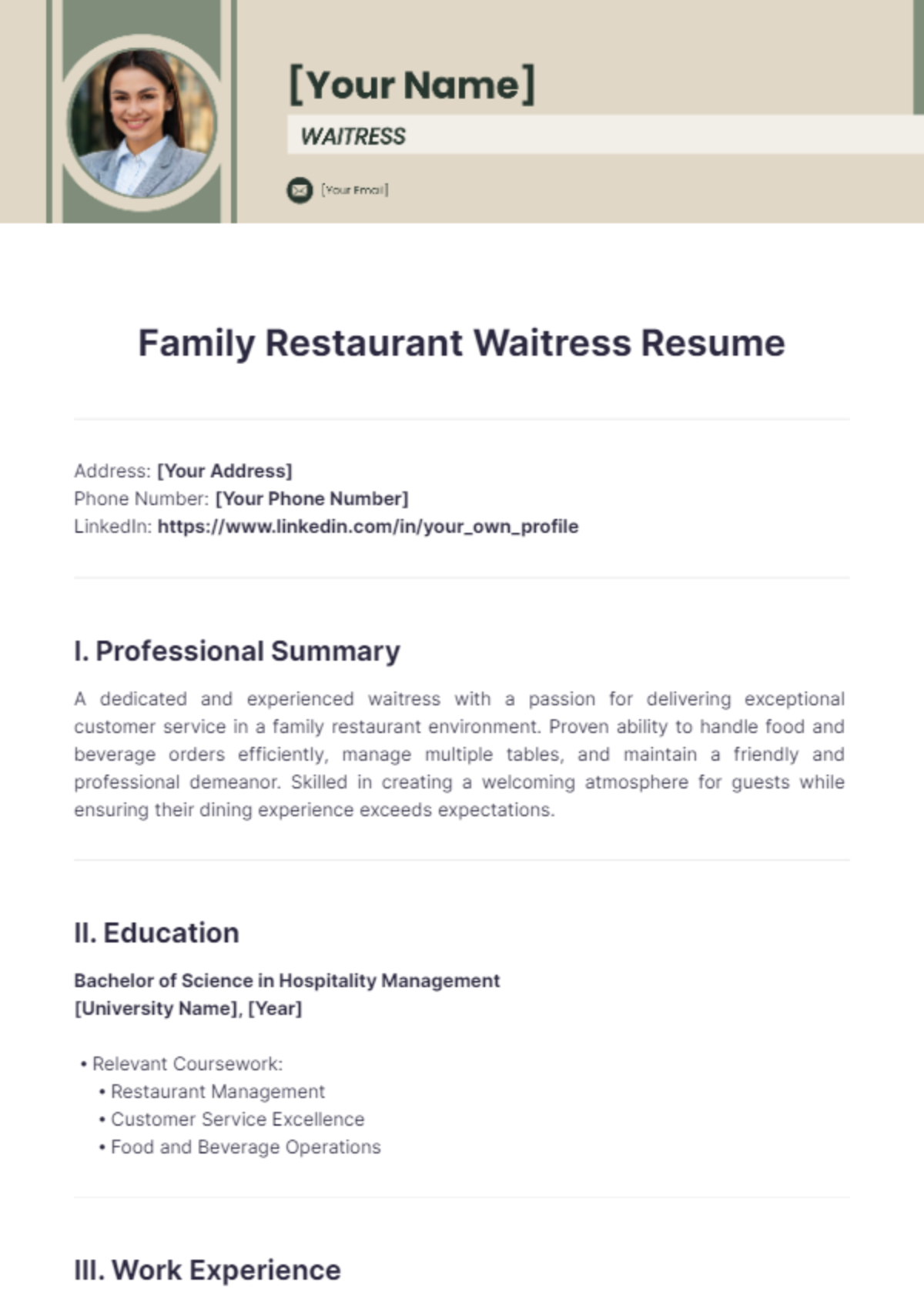 Family Restaurant Waitress Resume - Edit Online & Download