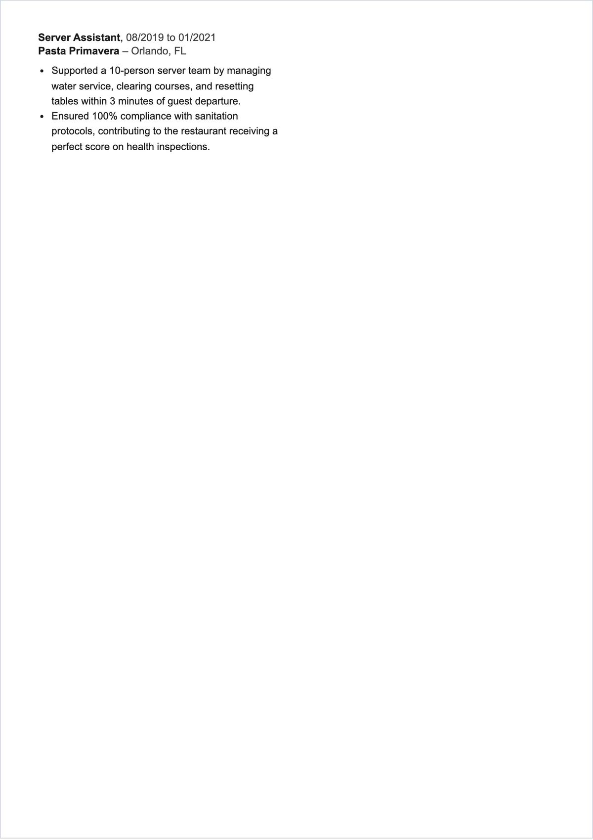 Free Family Restaurant Waitress ATS Resume Template, AI Resume Builder