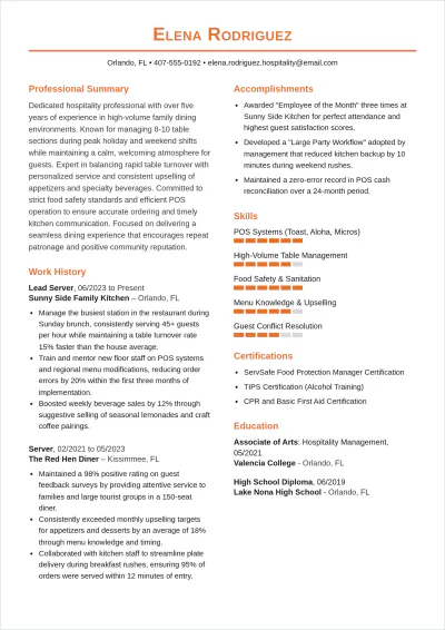 Free Family Restaurant Waitress ATS Resume Template, AI Resume Builder