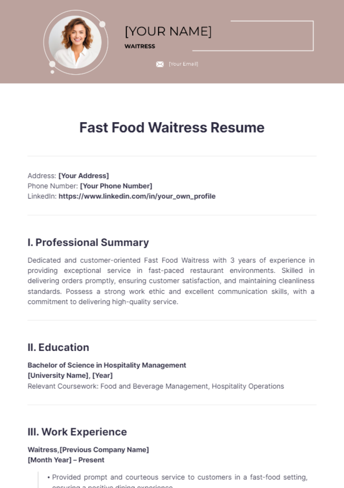 Fast Food Waitress Resume - Edit Online & Download