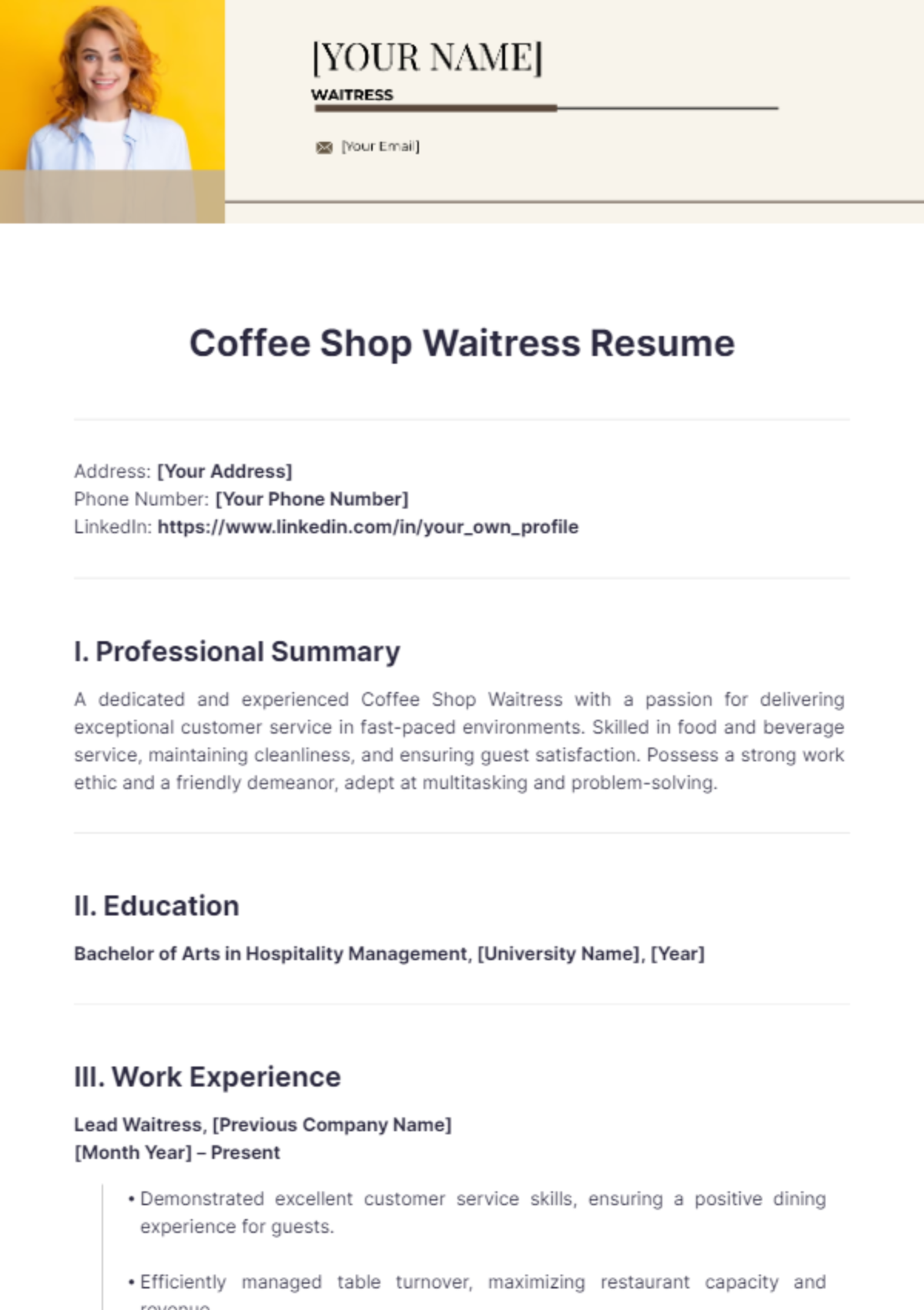 Coffee Shop Waitress Resume - Edit Online & Download