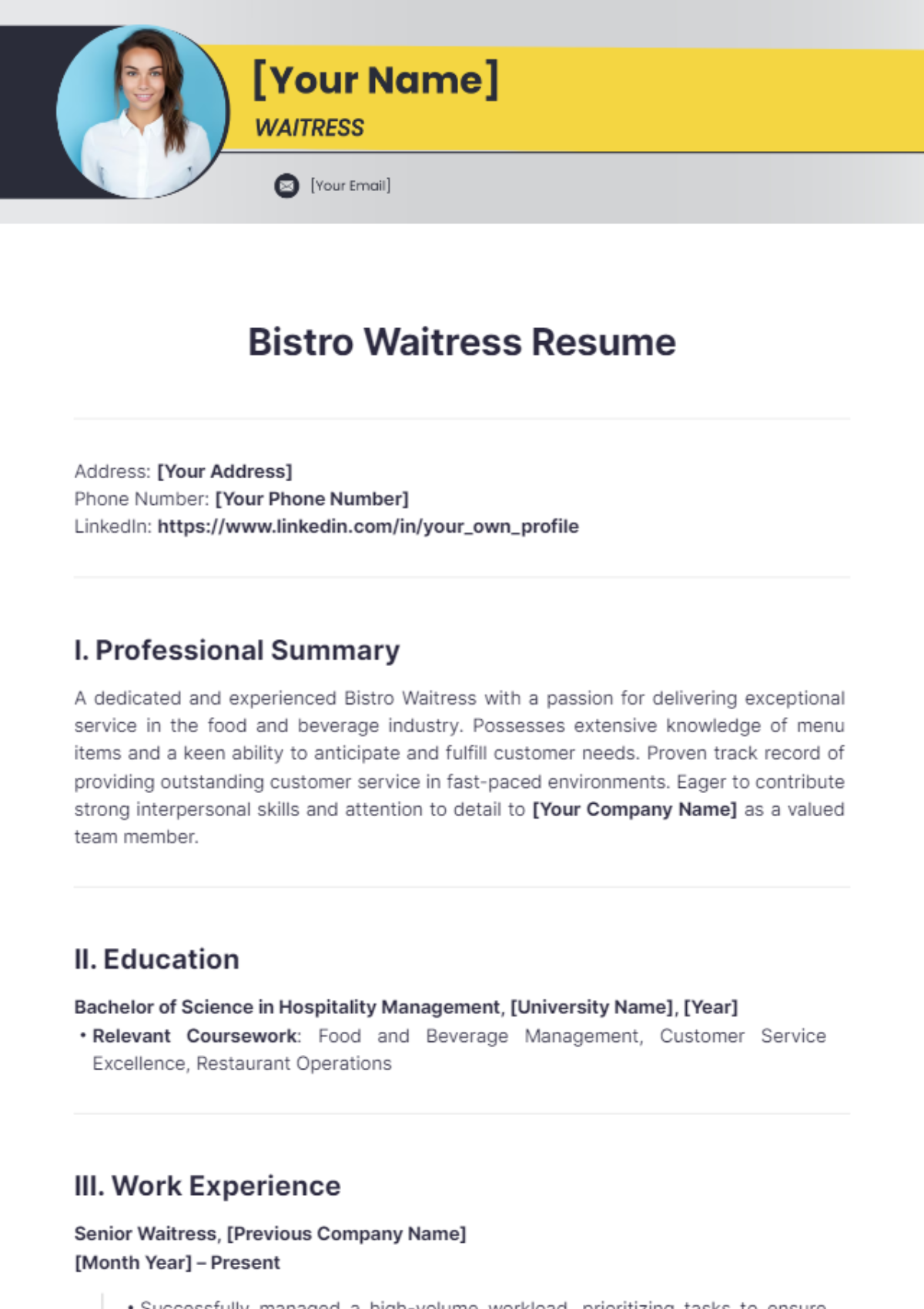 Bistro Waitress Resume - Edit Online & Download