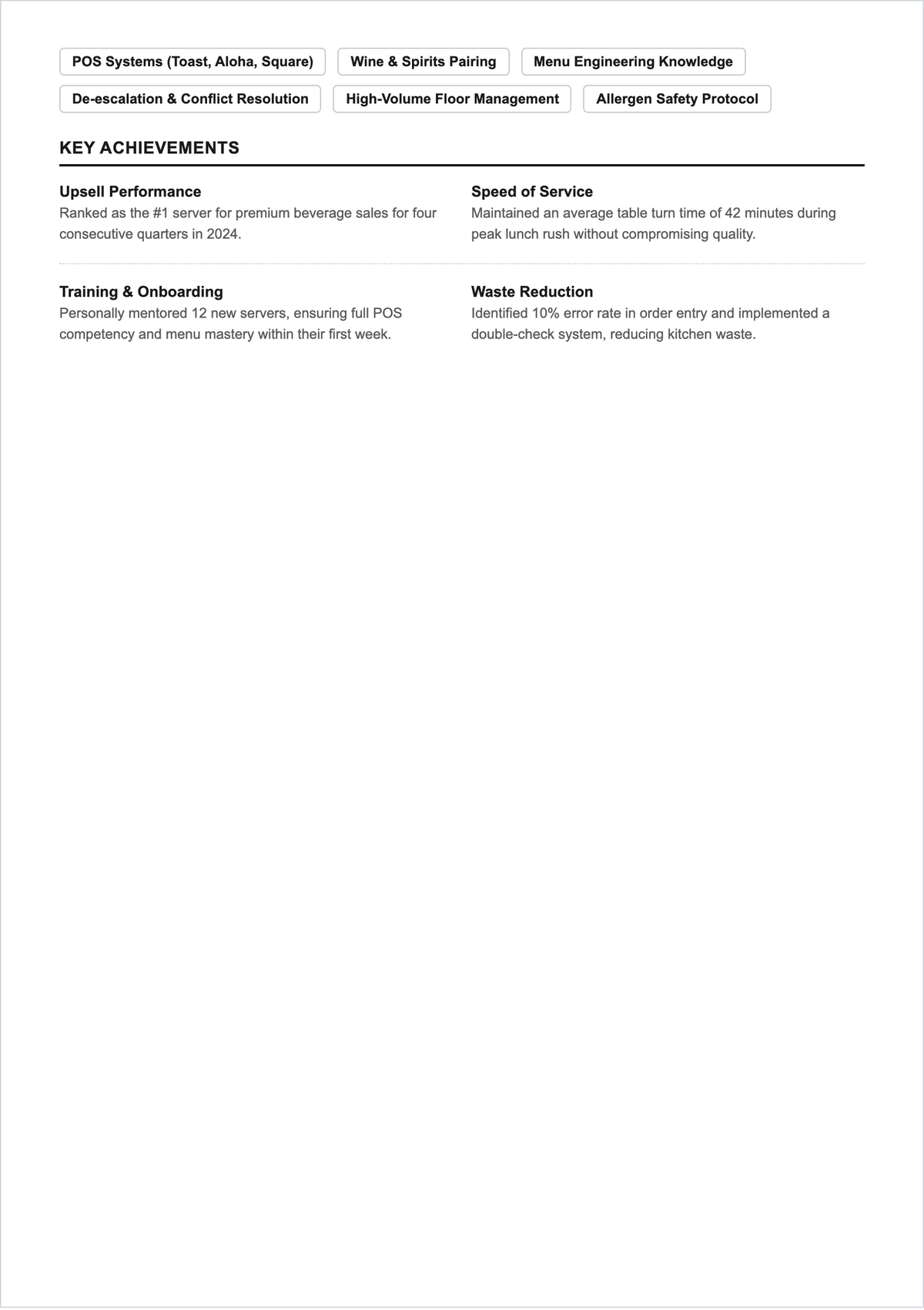 Free Bistro Waitress ATS Resume Template, AI Resume Builder