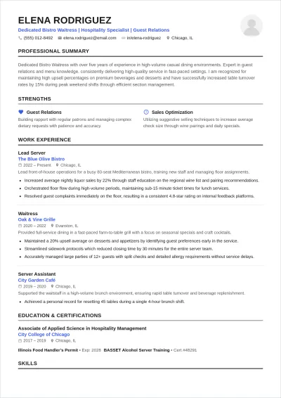 Free Bistro Waitress ATS Resume Template, AI Resume Builder