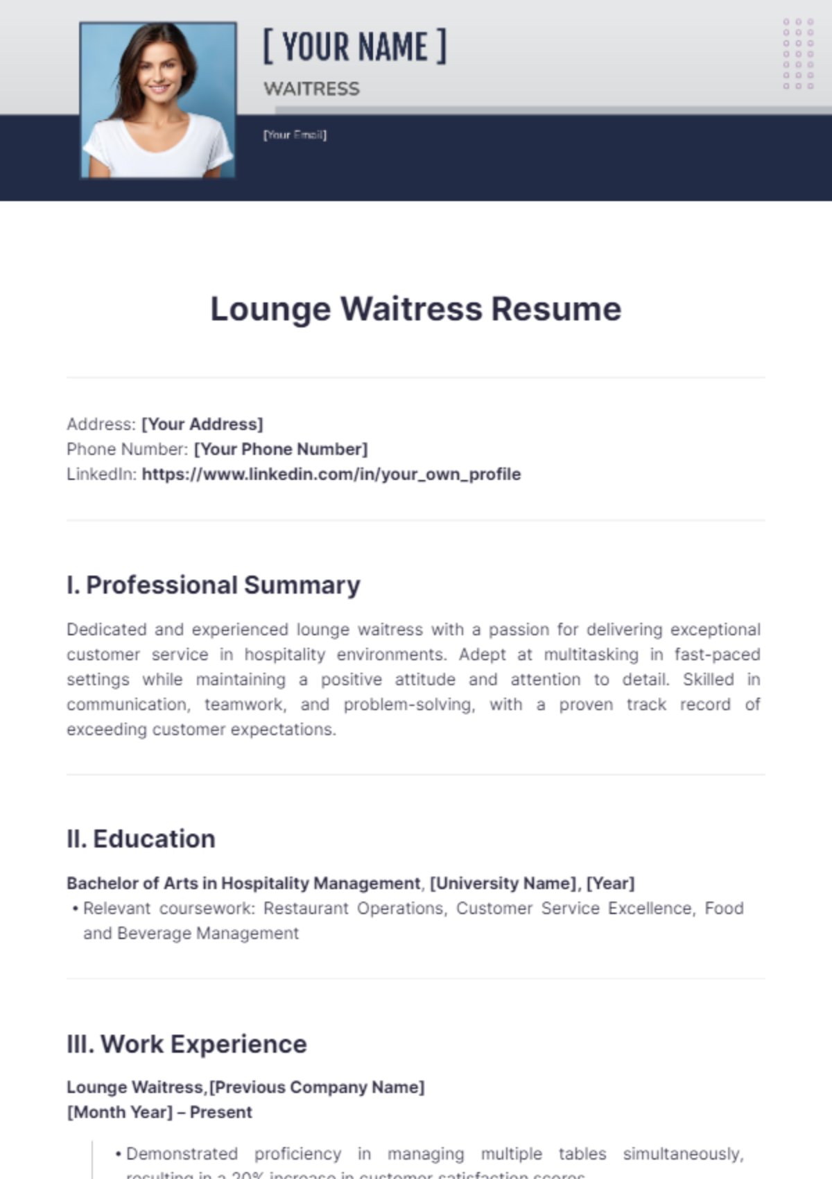 Lounge Waitress Resume - Edit Online & Download