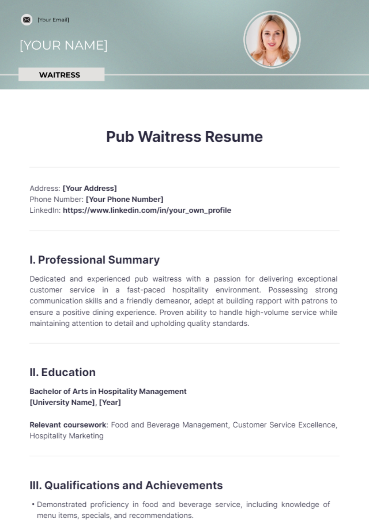 Pub Waitress Resume - Edit Online & Download