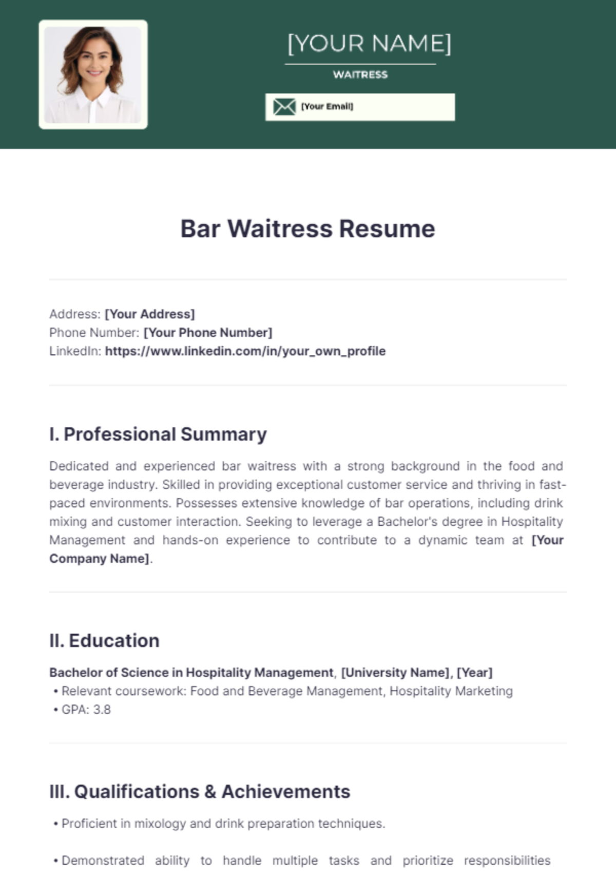 Bar Waitress Resume - Edit Online & Download