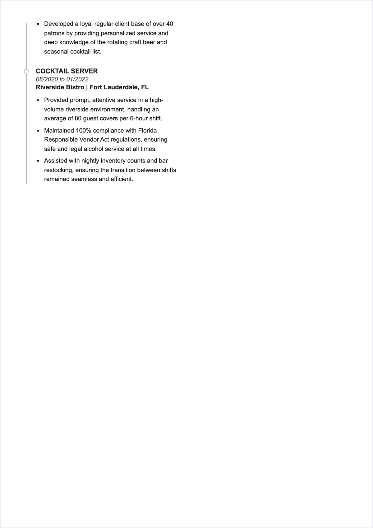 Free Bar Waitress ATS Resume Template, AI Resume Builder