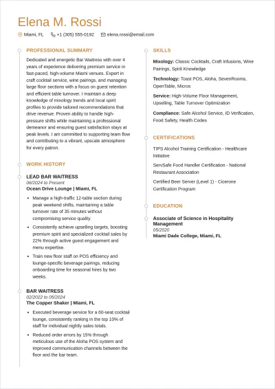 Free Bar Waitress ATS Resume Template, AI Resume Builder