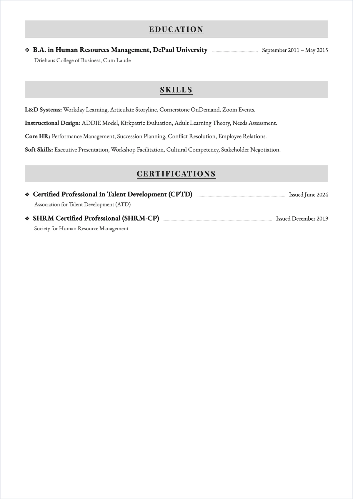 Free Human Resources Trainer ATS Resume Template, AI Resume Builder
