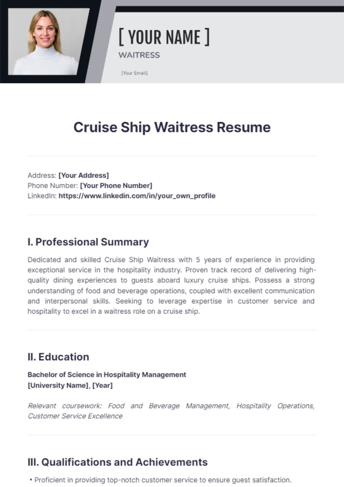 Cruise Ship Waitress Resume - Edit Online & Download