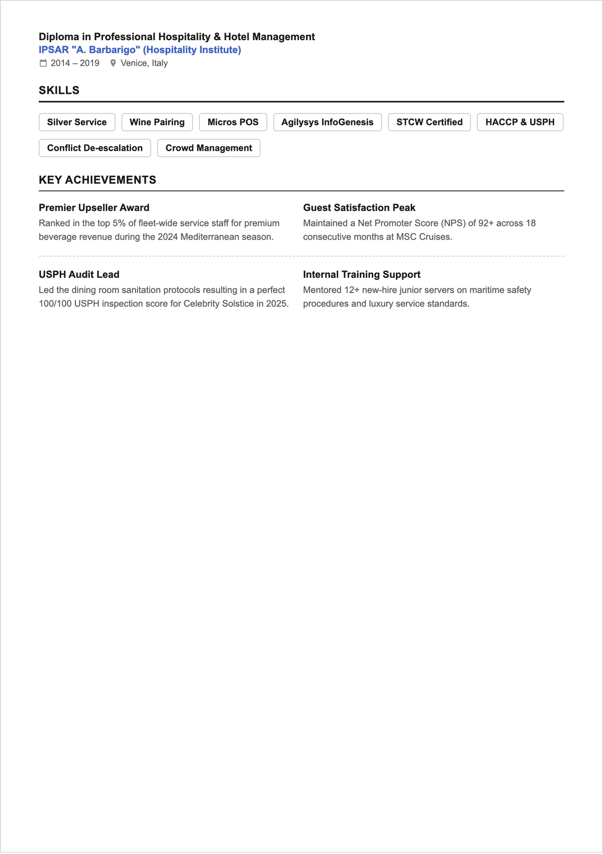Free Cruise Ship Waitress ATS Resume Template, AI Resume Builder