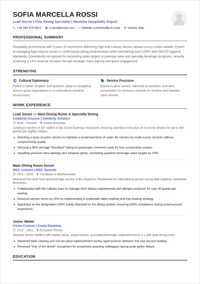 Free Cruise Ship Waitress ATS Resume Template, AI Resume Builder