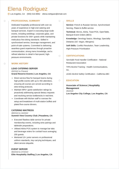 Free Catering Waitress ATS Resume Template, AI Resume Builder