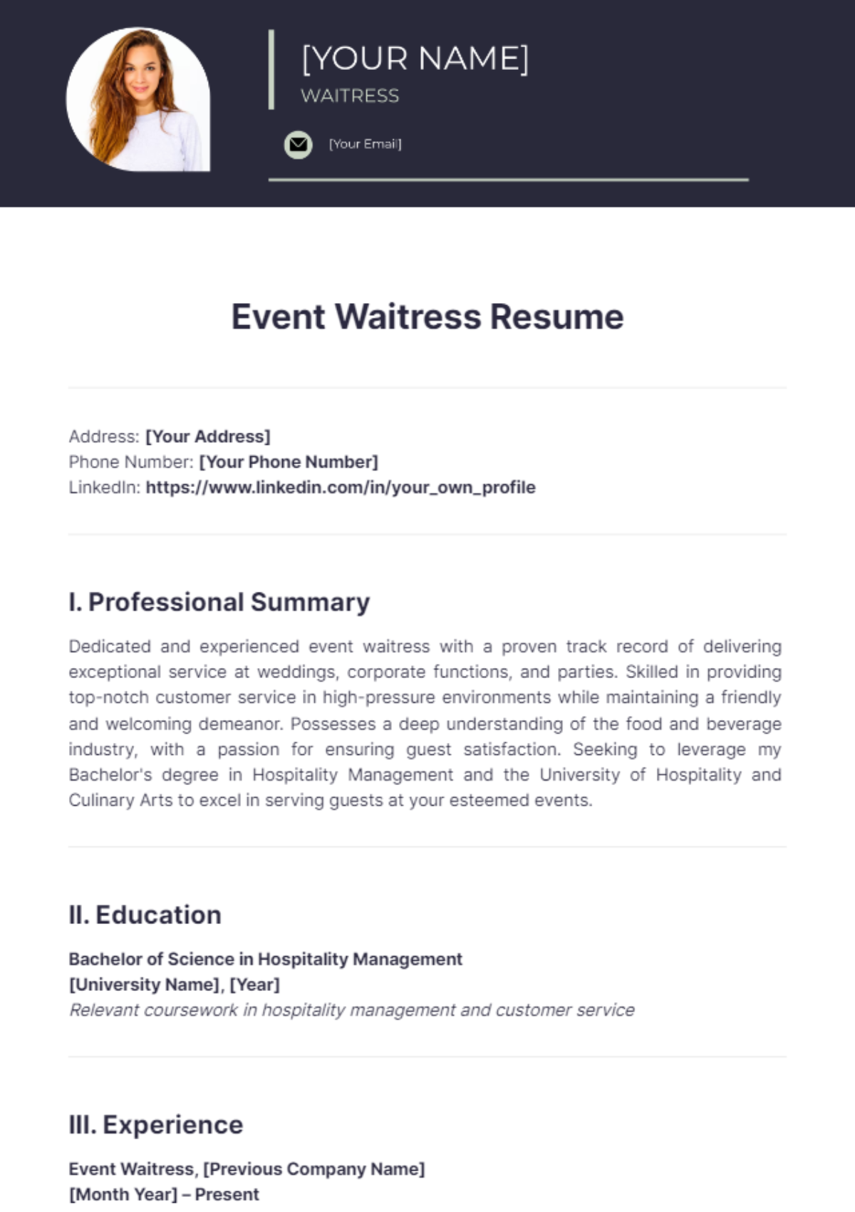 Event Waitress Resume - Edit Online & Download