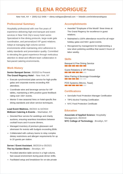 Free Event Waitress ATS Resume Template, AI Resume Builder