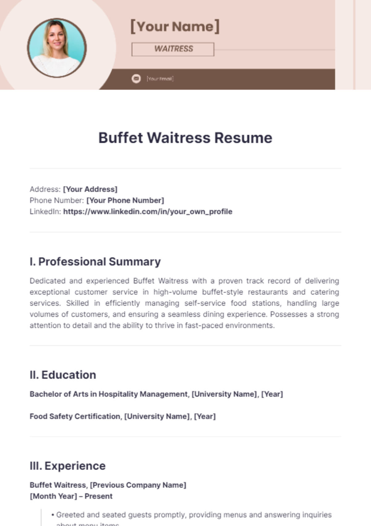 Buffet Waitress Resume - Edit Online & Download