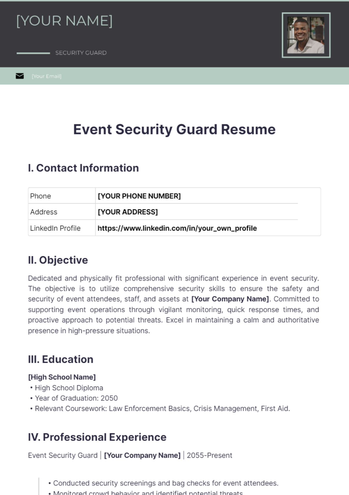 Event Security Guard Resume - Edit Online & Download Example | Template.net