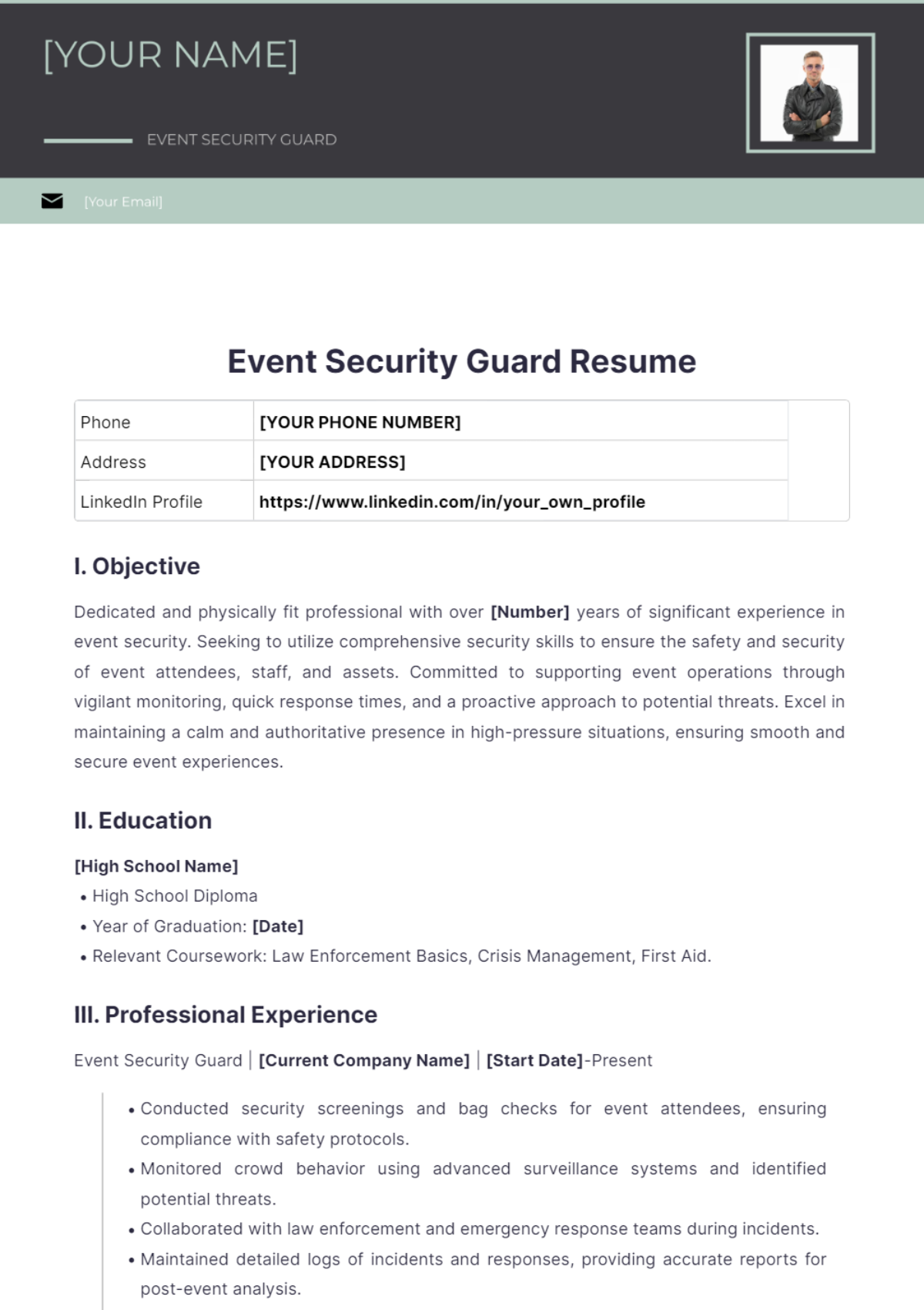 Event Security Guard Resume - Edit Online & Download