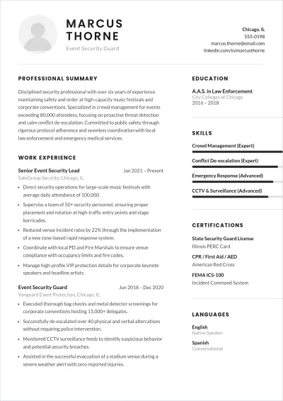 Free Event Security Guard ATS Resume Template, AI Resume Builder