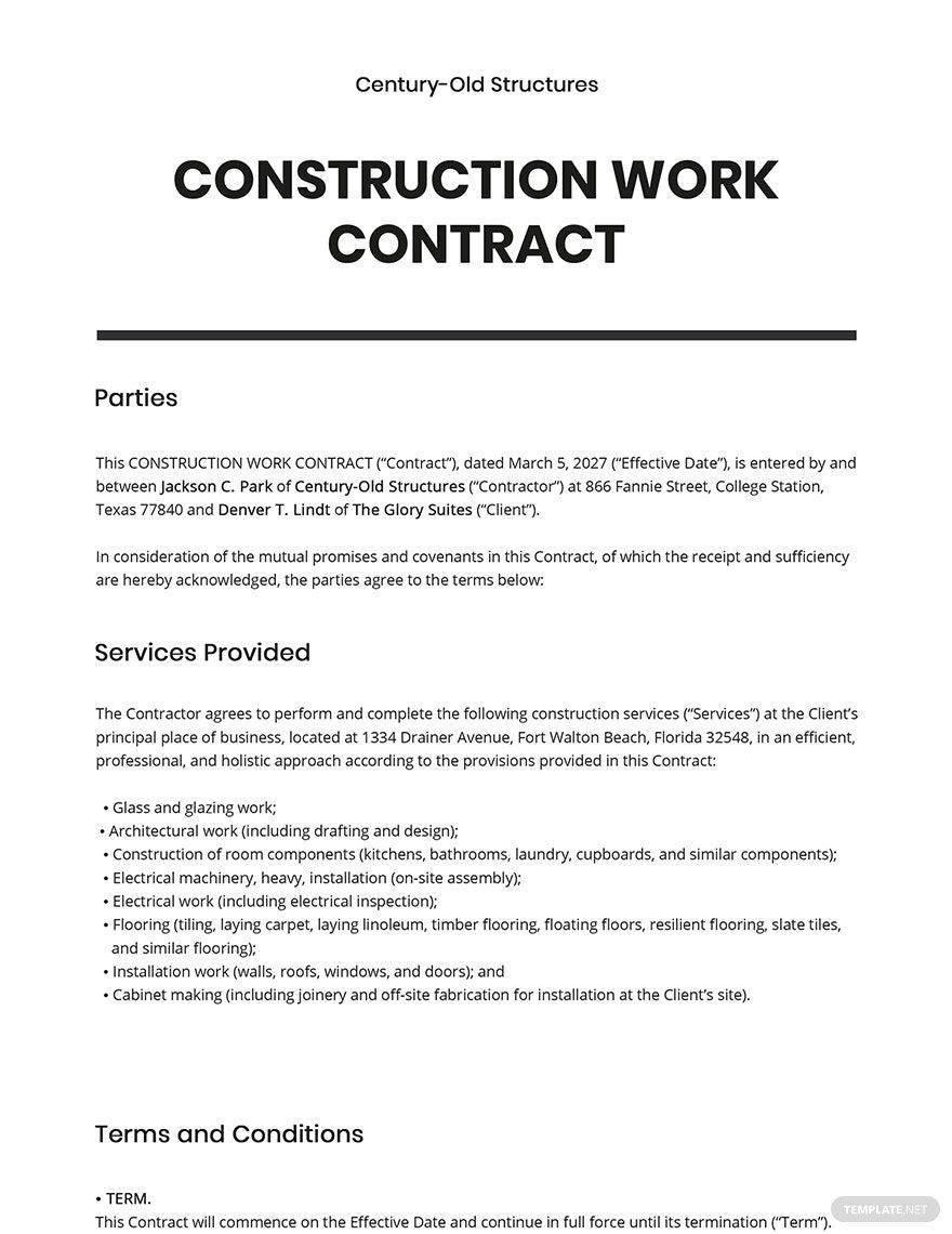 Construction Work Contract Template