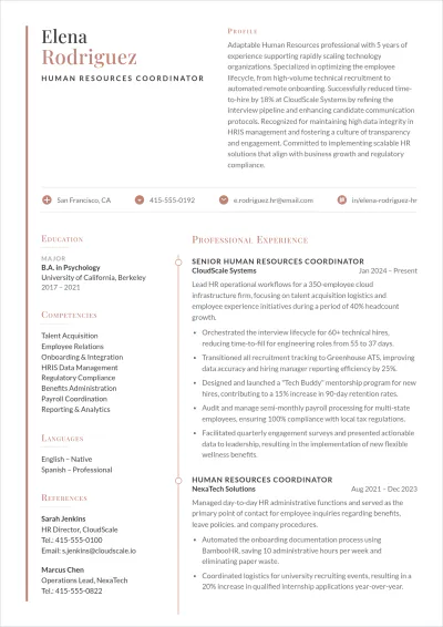Free Human Resources Coordinator ATS Resume Template
