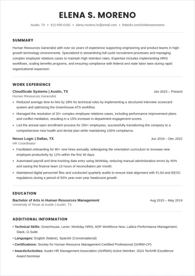 Free Human Resources Generalist ATS Resume Template, AI Resume Builder