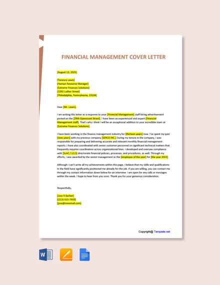 Financial Management Cover Letter Template - Google Docs, Word ...