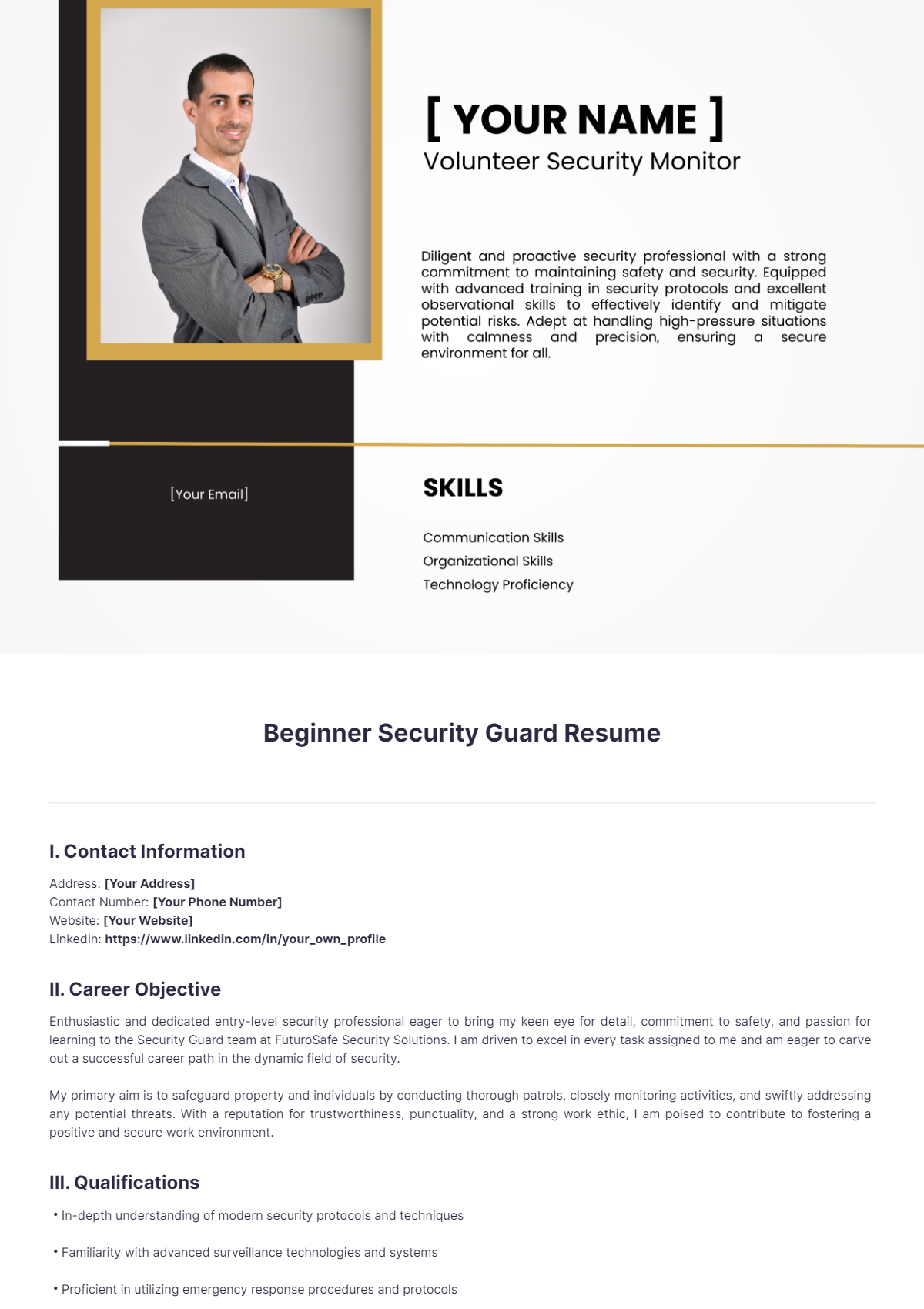 Free Beginner Security Guard Resume Template to Edit Online