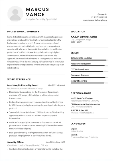Free Hospital Security Guard ATS Resume Template, AI Resume Builder