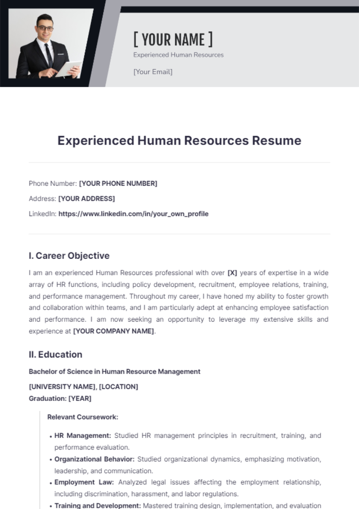 Experienced Human Resources Resume - Edit Online & Download