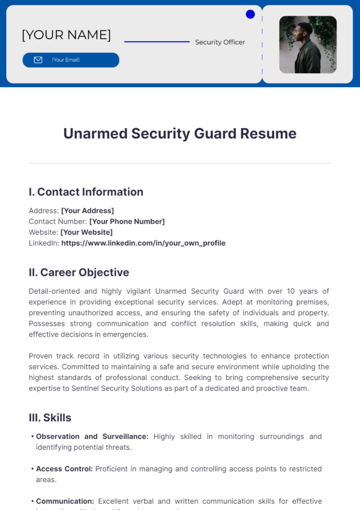 Unarmed Security Guard Resume - Edit Online & Download