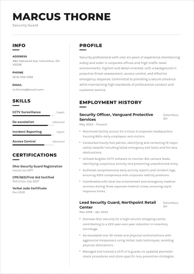 Free Unarmed Security Guard ATS Resume Template, AI Resume Builder