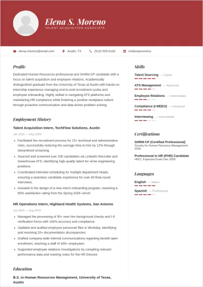 Free Fresher Human Resources ATS Resume Template, AI Resume Builder