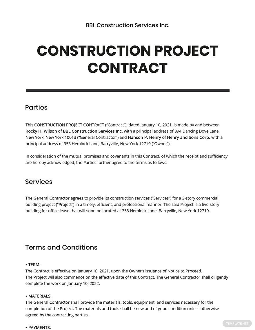 Construction Project Contract Template