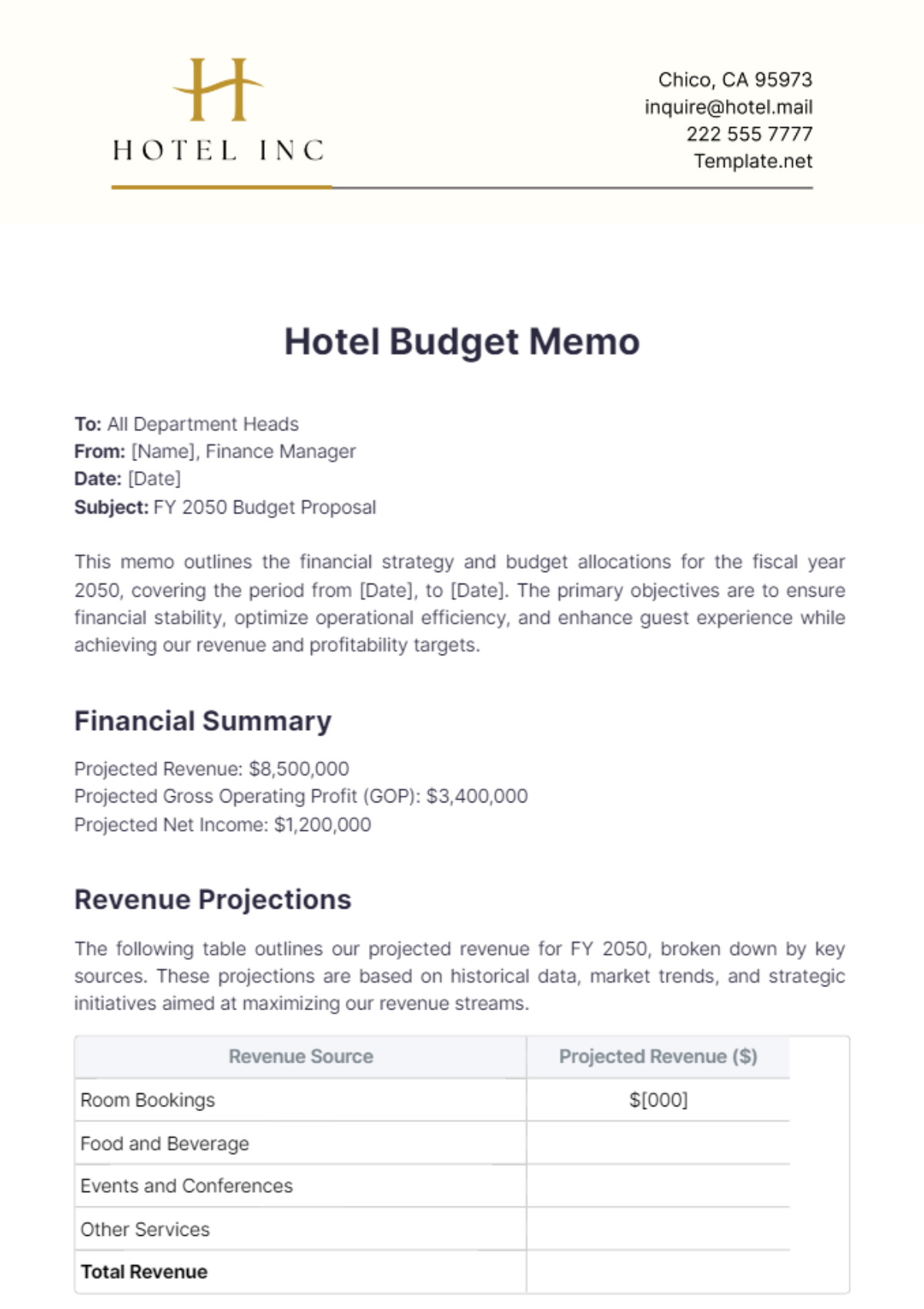 Hotel Budget Memo Template - Edit Online & Download