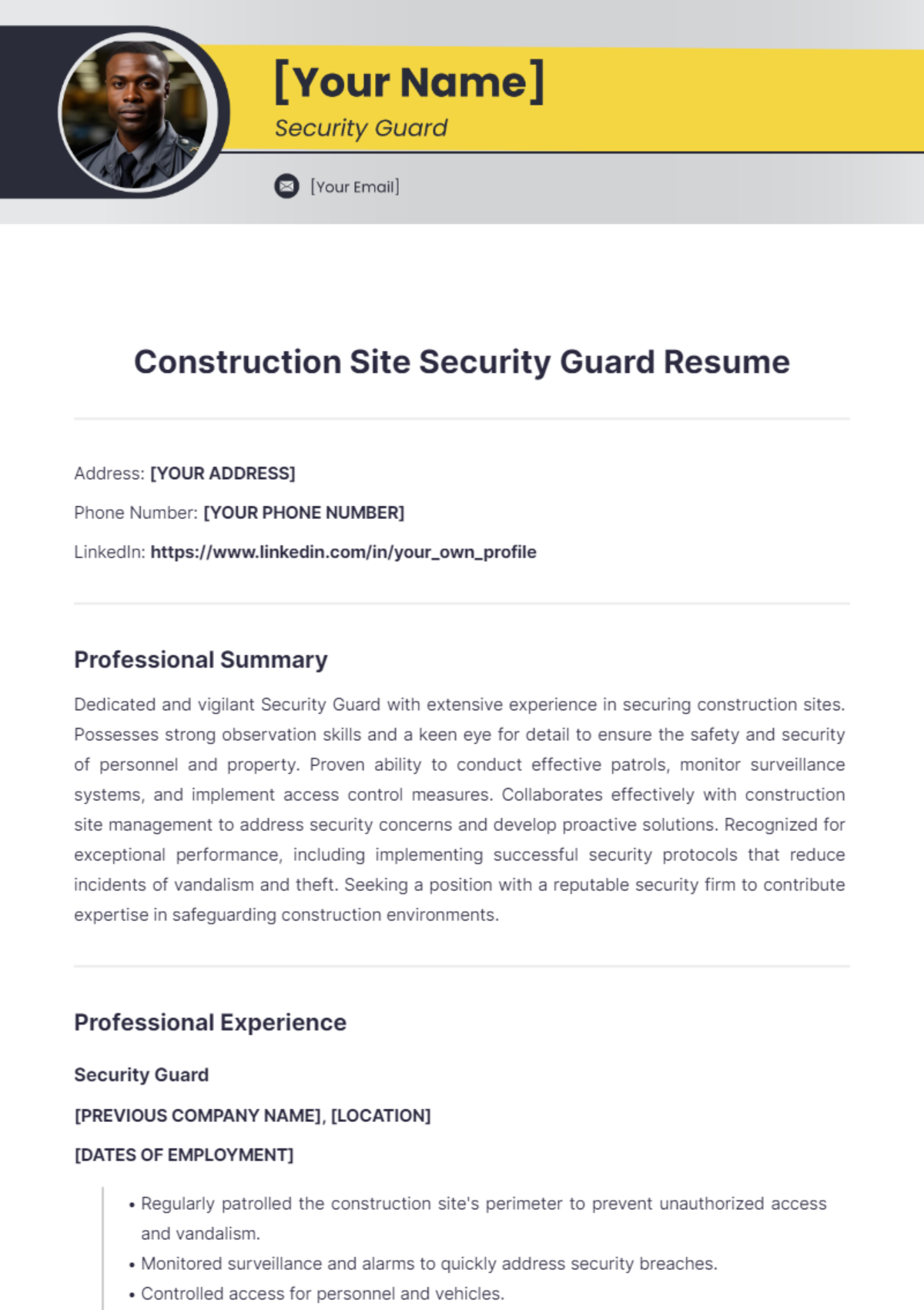 Construction Site Security Guard Resume - Edit Online & Download