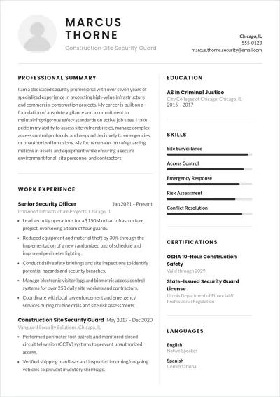 Free Construction Site Security Guard ATS Resume Template