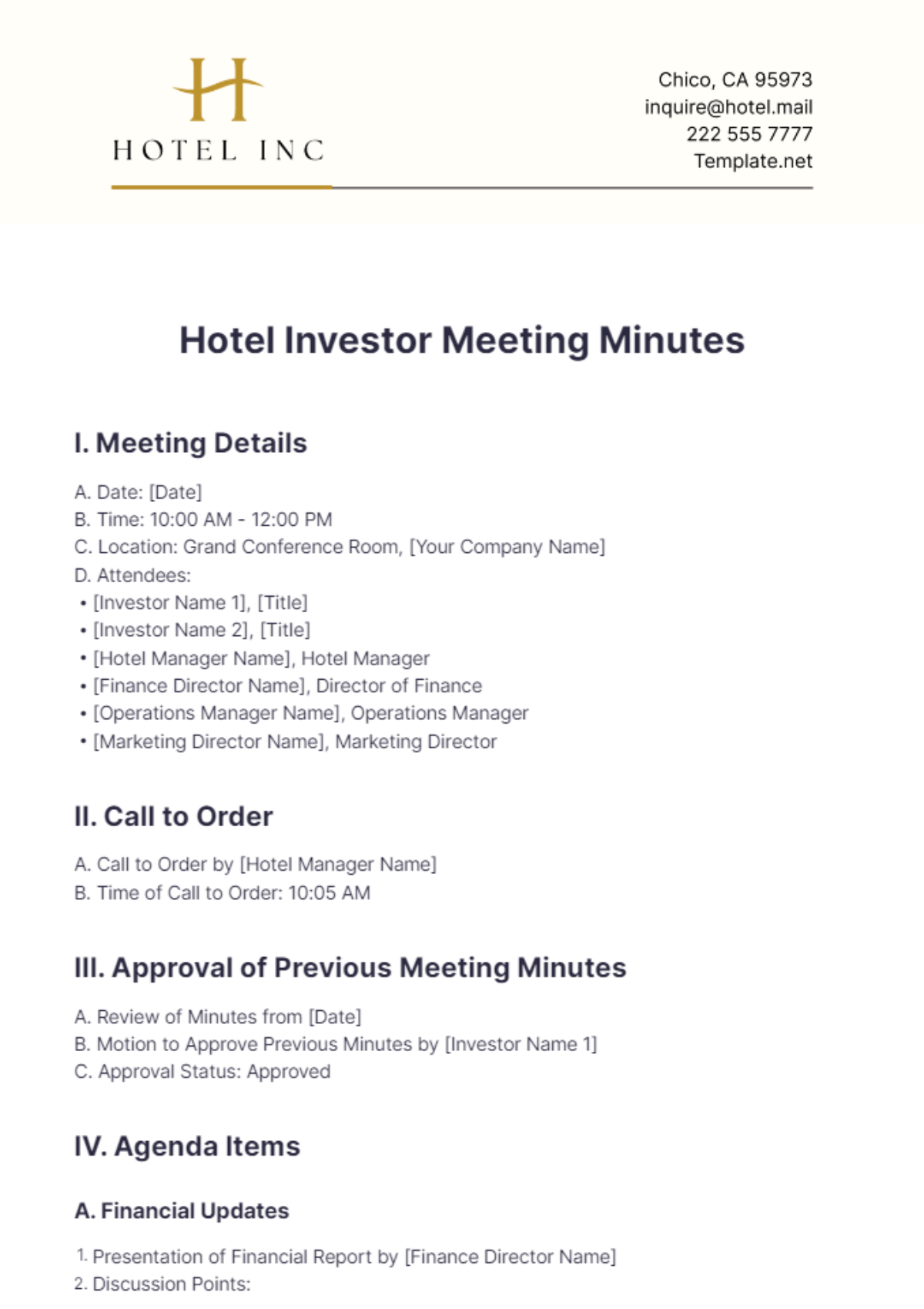 Hotel Investor Meeting Minutes Template - Edit Online & Download