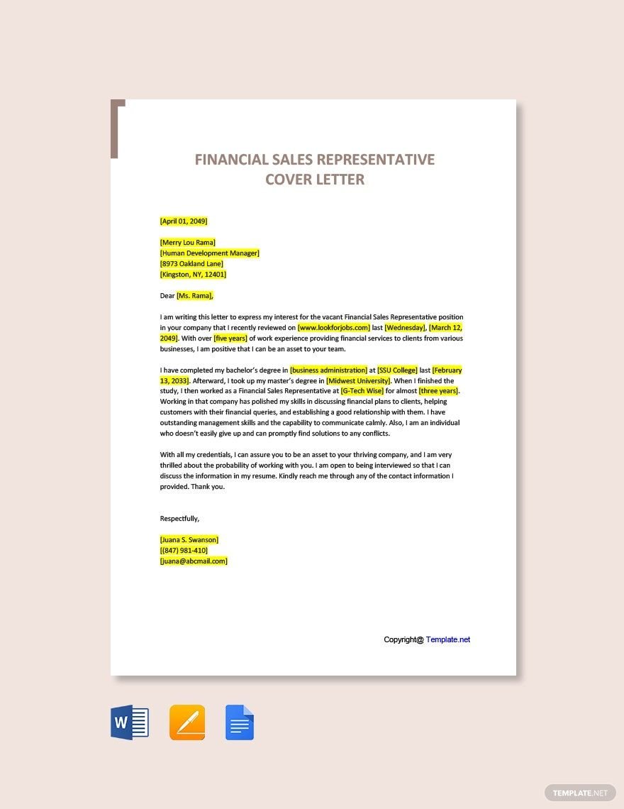 Financial Sales Representative Cover Letter