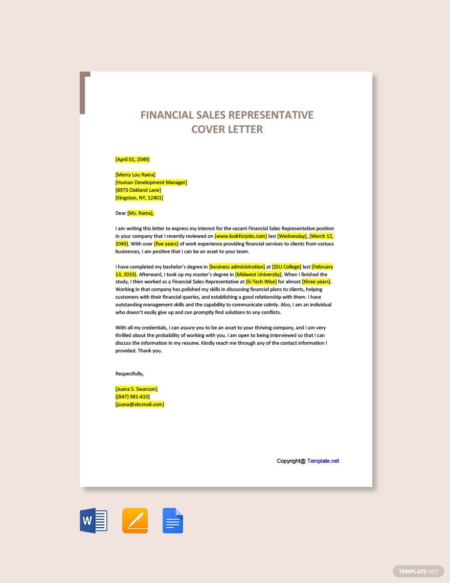 Financial Sales Representative Cover Letter in Word, Pages, PDF, Google Docs - Download | Template.net