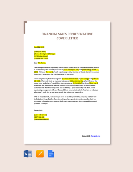 Financial Sales Representative Cover Letter
